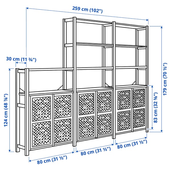 IVAR 3 section shelving unit pine/green mesh, 102x113/4x701