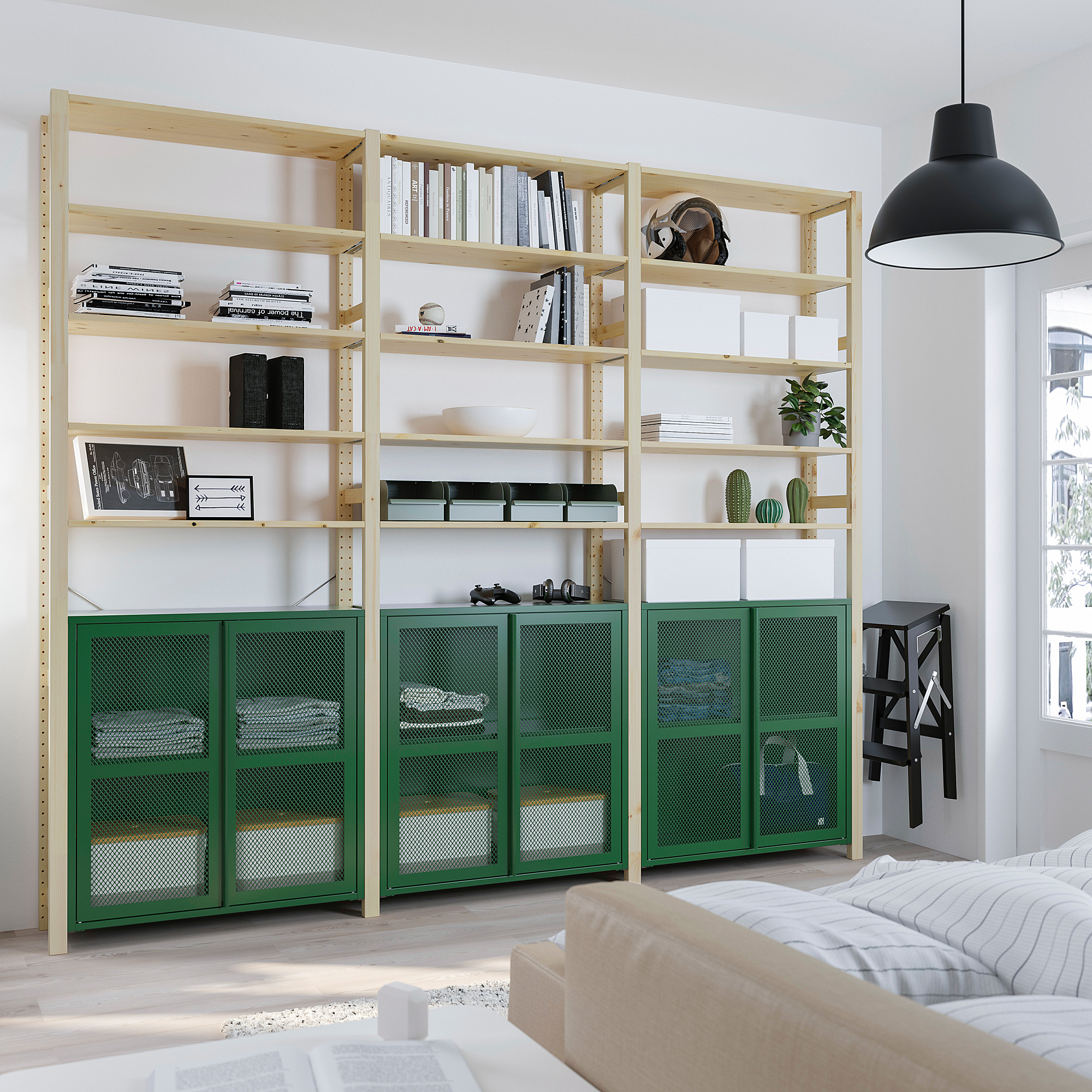 IVAR 3 sections/cabinet/shelves, pine/green mesh, 102x11 3/4x89 "