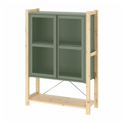 IVAR Cabinet with doors, pine/gray-green mesh, 35x11 3/4x48 7/8 "