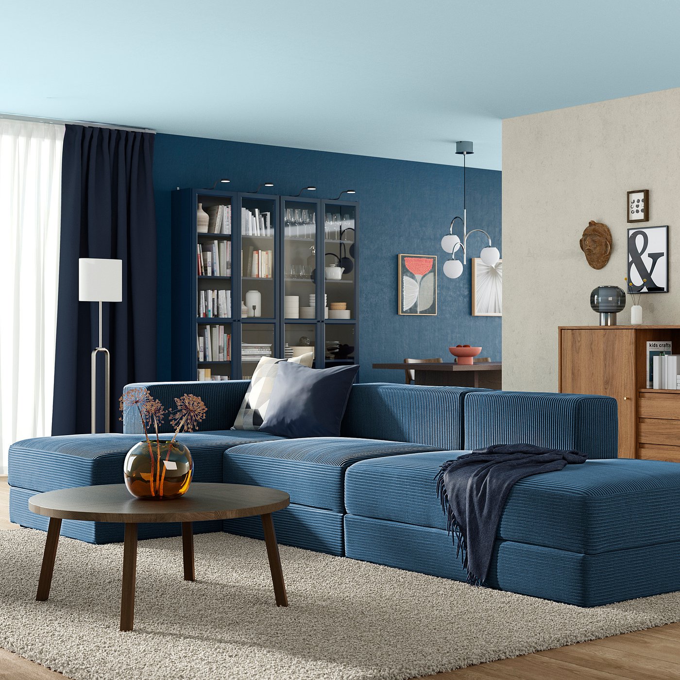 JÄTTEBO 3,5-seat mod sofa w chaise lounges, Samsala dark blue
