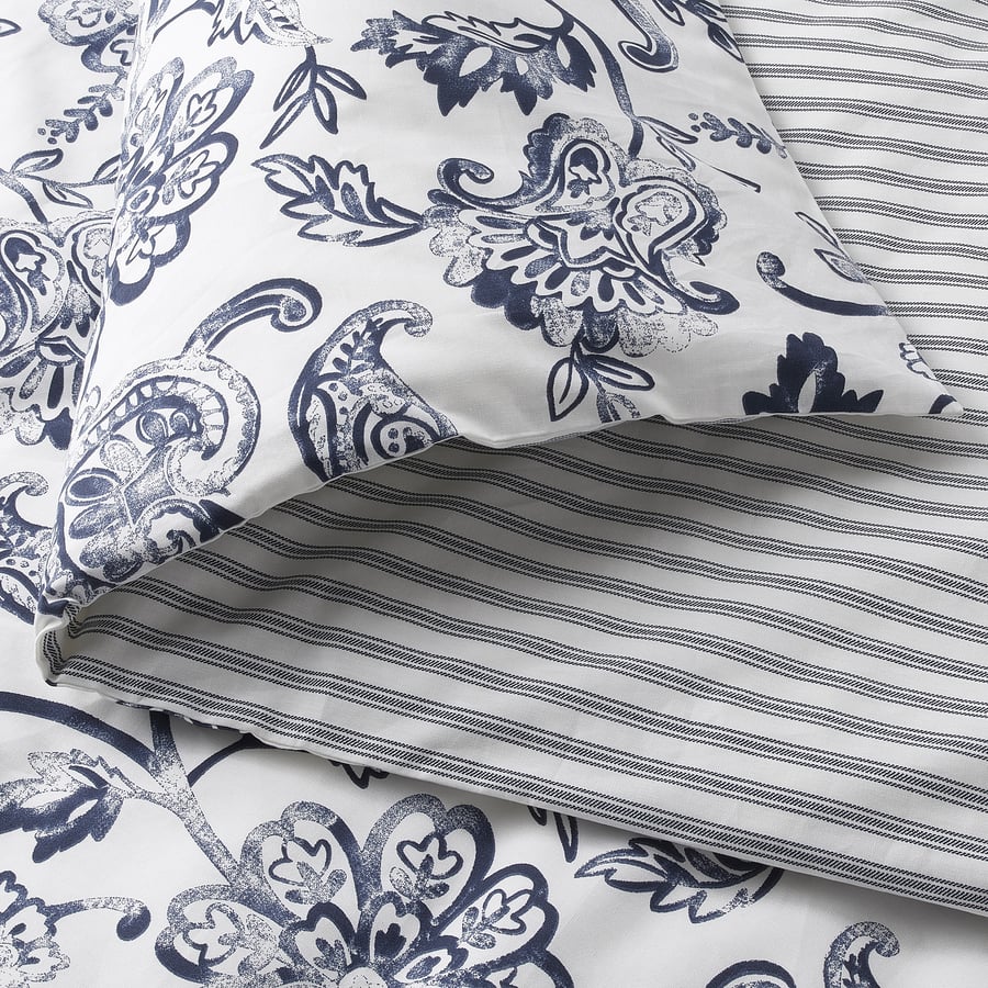 JUNIMAGNOLIA duvet cover and pillowcase(s), white/dark blue, Twin IKEA CA