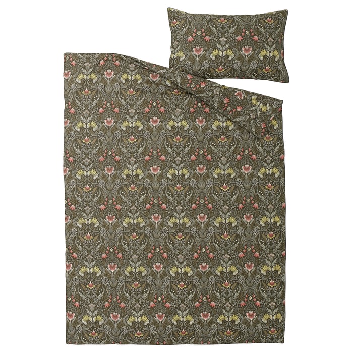 KÄRRDUNÖRT duvet cover and pillowcase(s), dark green/multicolor, Twin IKEA CA