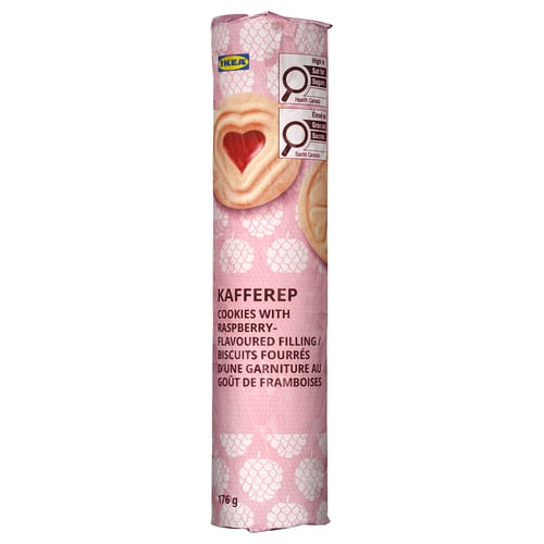 Cylinder-shaped cookie tin labelled IKEA KAFFEREP with raspberry-flavored filling; 176g.