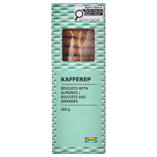 Box of KAFFEREP almond biscuits, 160g, green packaging with product image and text.