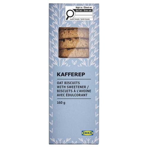 Box of IKEA KAFFEREP oat biscuits with sweetener, 160g. Grey packaging with white leaf design, showing three stacked biscuits.