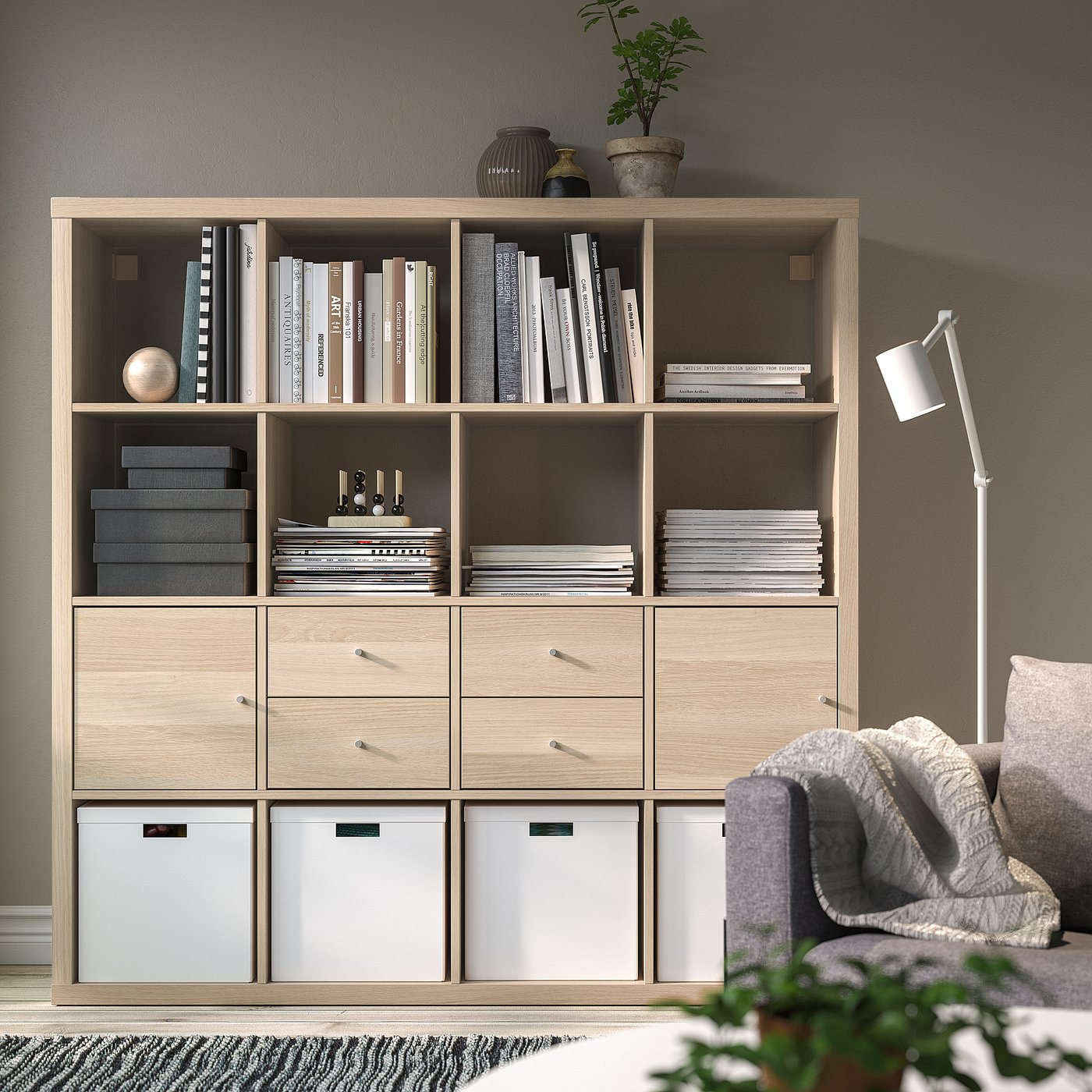 KALLAX shelf unit with 4 inserts, white stained oak effect