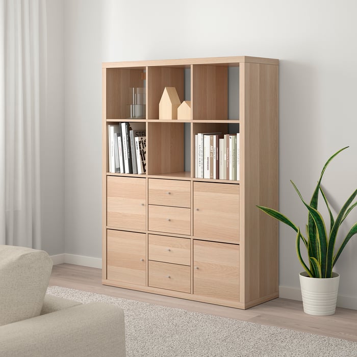KALLAX shelving unit with 6 inserts, white stained oak effect, 112x147 cm (441/8x577/8") IKEA CA