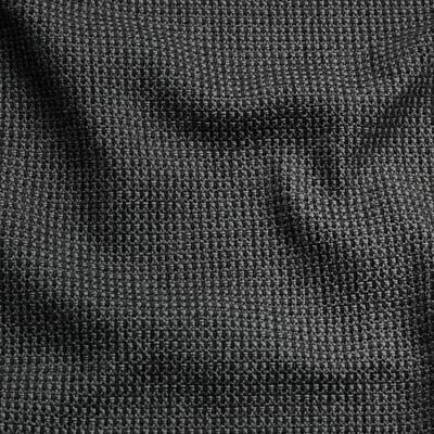 Close-up of textured fabric, grey with slight sheen, soft touch, recycled polyester and cotton.