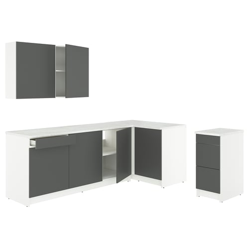 KNOXHULT l-shaped kitchen in white and grey, featuring modern cabinetry with melamine-covered particleboard and laminate worktops for easy cleaning.