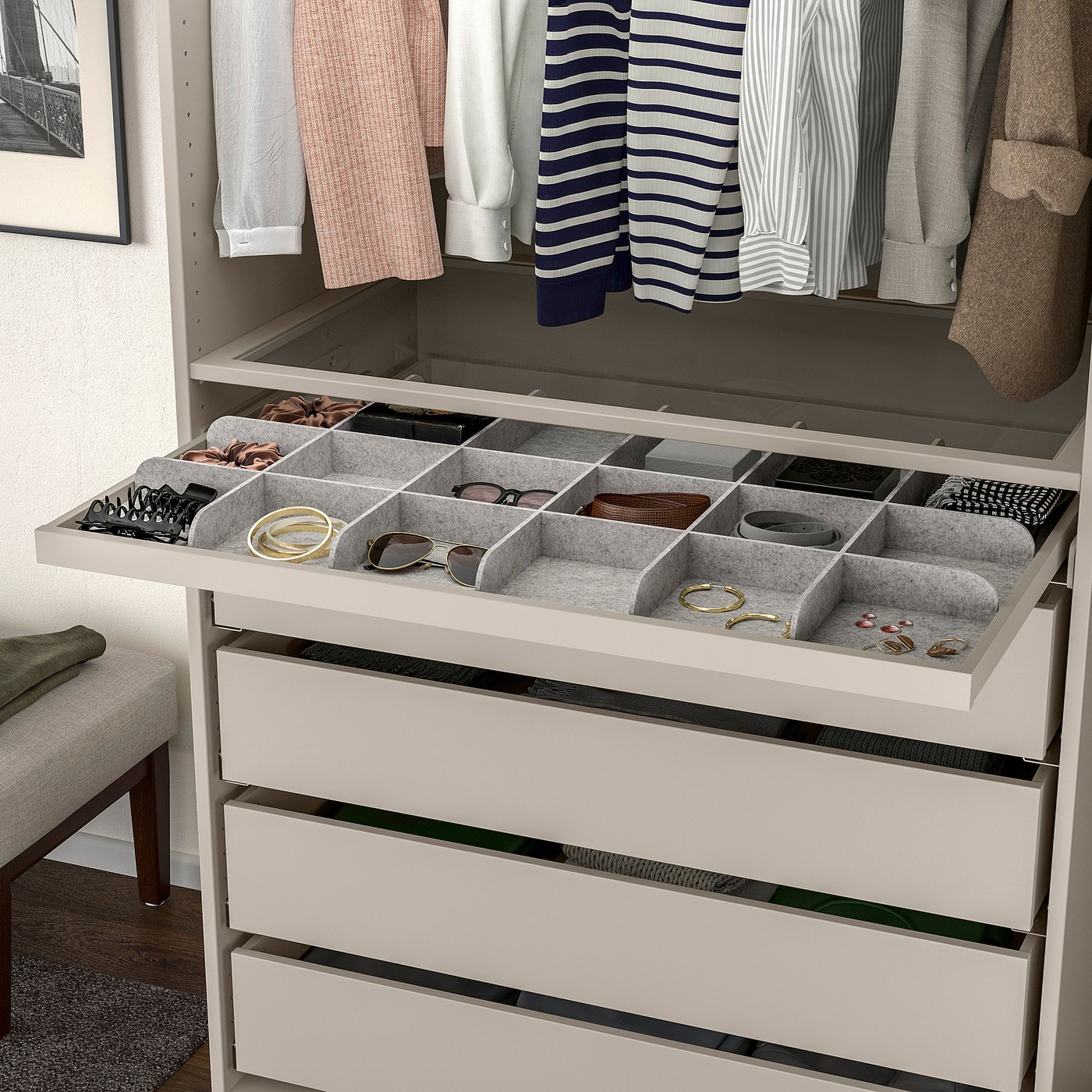 KOMPLEMENT pull-out tray with divider, gray-beige/light gray