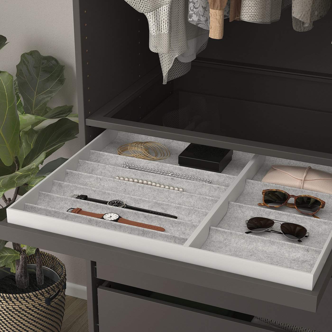 KOMPLEMENT pull-out tray with insert, dark gray/light gray, 75x58