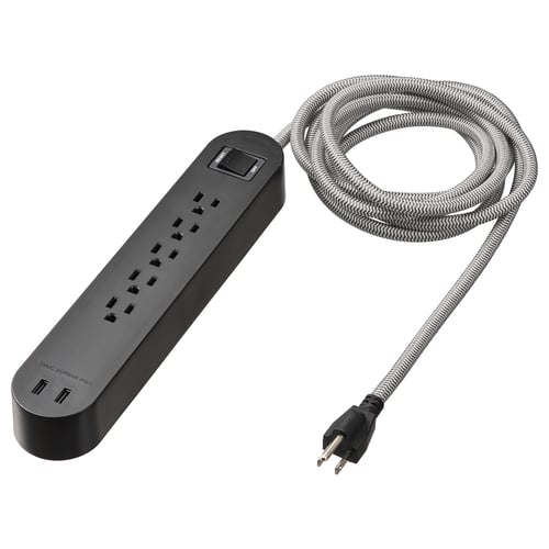 Black KOPPLA surge protector with 5 outlets, 2 usb ports, and a braided cord.