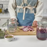 KORKEN Jar with lid, clear glass/check pattern gray-blue, 34 oz