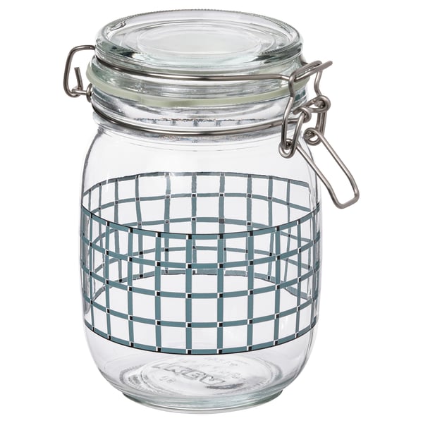 KORKEN Jar with lid, clear glass/check pattern gray-blue, 34 oz