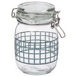 KORKEN Jar with lid, clear glass/check pattern gray-blue, 34 oz