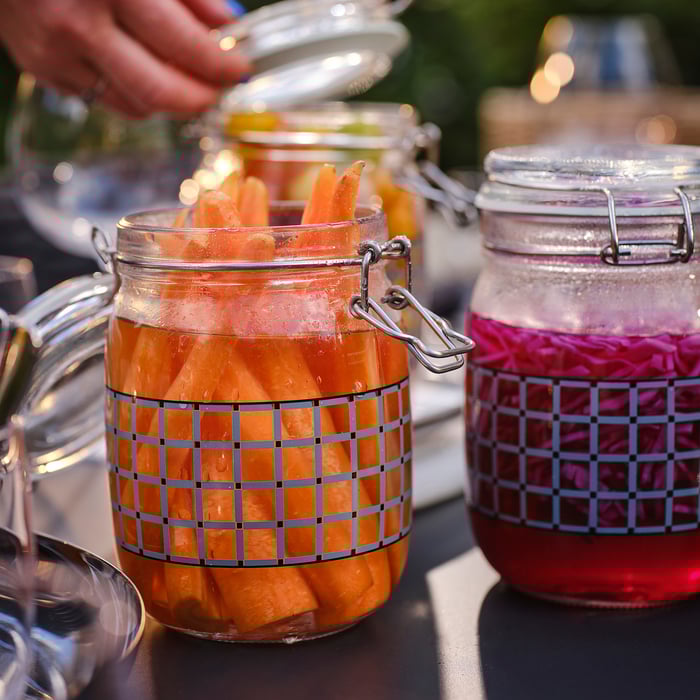 KORKEN jar with lid, clear glass/check pattern grayblue, 1 l (34 oz