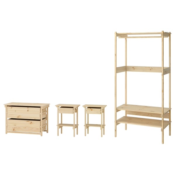 A KRONÖREN furniture set, natural wood, including an open wardrobe, chest of drawers, and bedside tables.