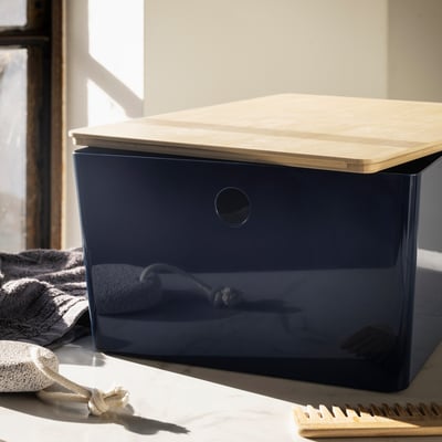 KUGGIS Box with lid, black-blue/bamboo, 10 ¼x13 ¾x6 "