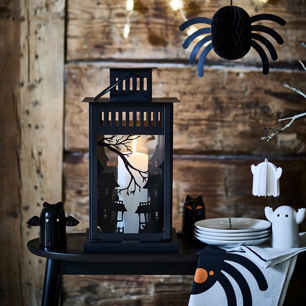KUSTFYR Lantern for pillar candle, in/out, black, 17 ¼ "
