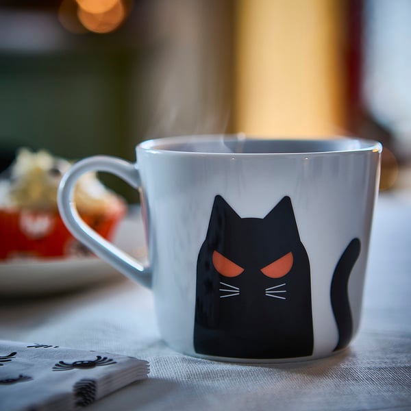 KUSTFYR Mug, cat pattern white/black, 12 oz