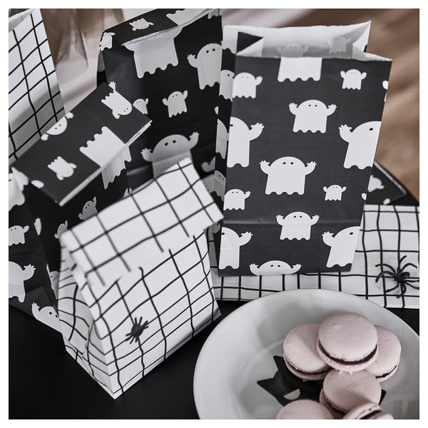 KUSTFYR Paper bag, mixed patterns white/black, 4 ¾x9 ½ "
