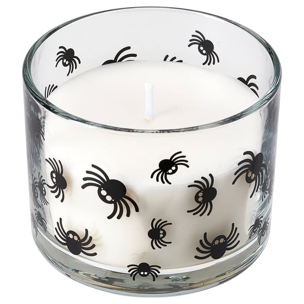 KUSTFYR Scented candle in glass, Jelly candy spider pattern/clear glass, 20 hr