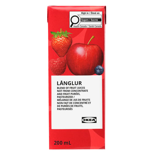 IKEAs LÅNGLUR juice carton: fruit smoothie with apple, raspberries, strawberries, blueberries.
