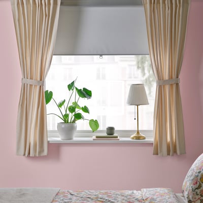 LENDA Curtains with tie-backs, 1 pair, off-white/with heading tape, 55x65 "