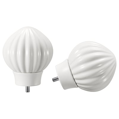 Two white ceramic finials for curtain rods, one showing attached base, featuring a ribbed, rounded shape.