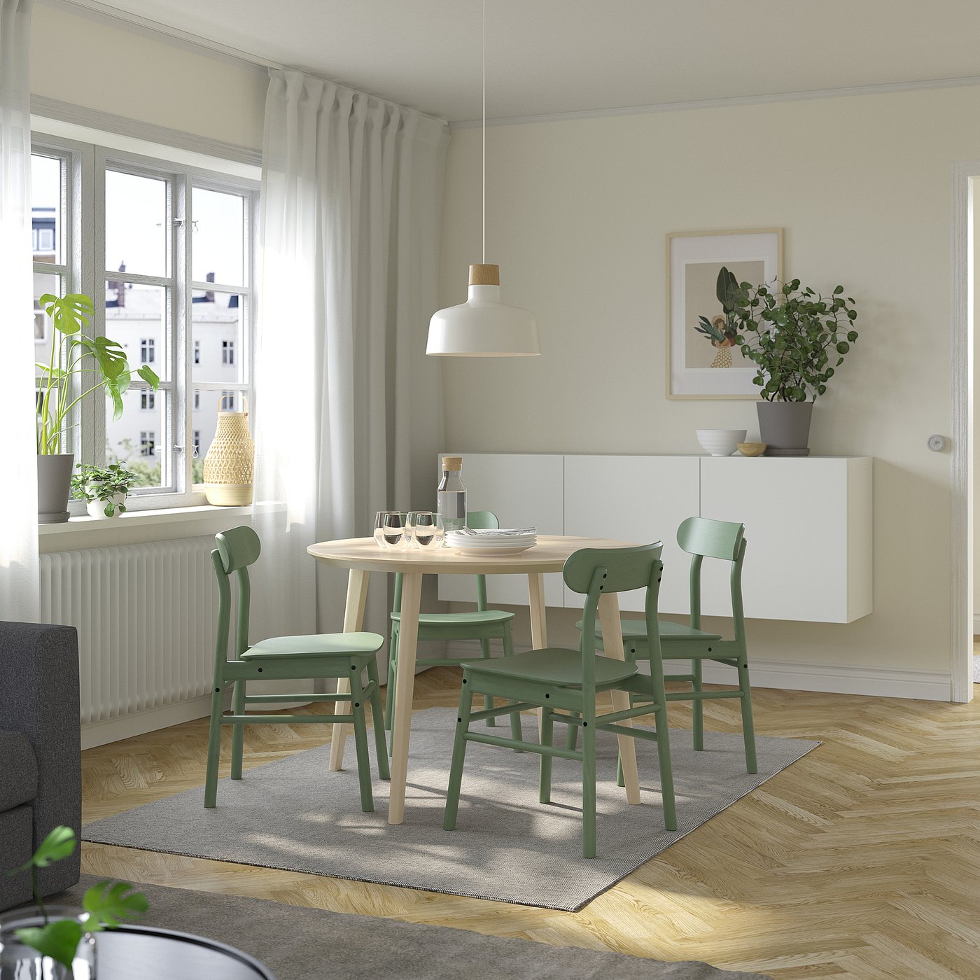 LISABO / RÖNNINGE table and 4 chairs, ash veneer/green, 105 cm
