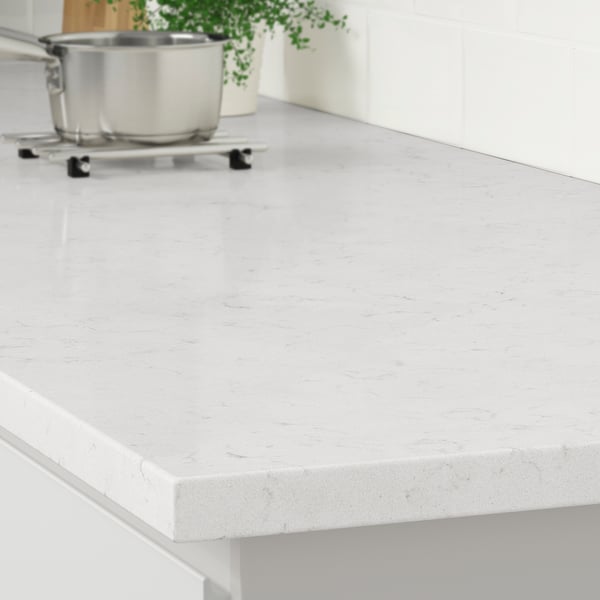LOCKEBO Custom countertop, white marble effect/glass composite, 1 1/8 "