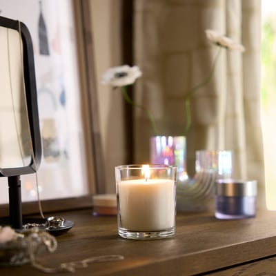 LOTSFÅGEL Scented candle in glass, Fresh linen white, 40 hr