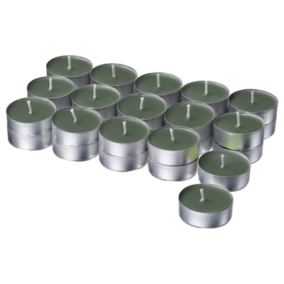 LOTSFÅGEL Scented candle in metal cup, Fig leaf green, 3.5 hr