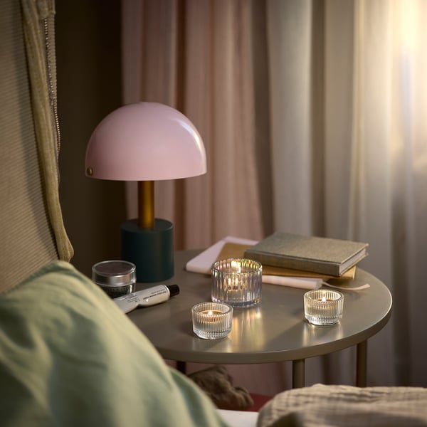 LOTSFÅGEL Scented candle in metal cup, Fig leaf green, 3.5 hr