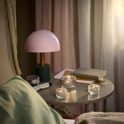 LOTSFÅGEL Scented candle in metal cup, Fig leaf green, 3.5 hr