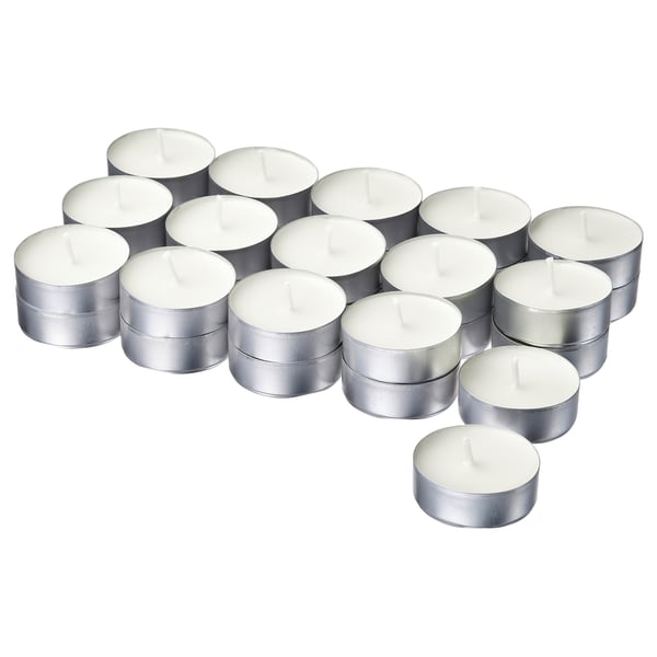 LOTSFÅGEL Scented candle in metal cup, Fresh linen white, 3.5 hr