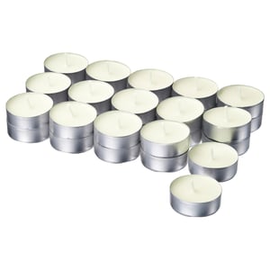 LOTSFÅGEL Scented candle in metal cup, Vanilla pale beige, 3.5 hr