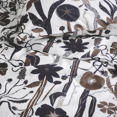LUNDSKAFTING Duvet cover and pillowcase(s), white/black/brown, Full/Queen (Double/Queen)
