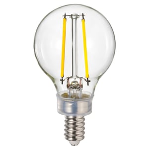 LUNNOM light bulb: clear glass globe with yellow filament inside. E12 base. Round shape.