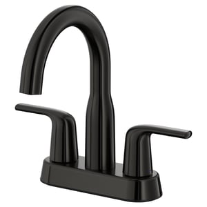 Black macsjon tap with curved design, 2 handles, stainless steel finish.