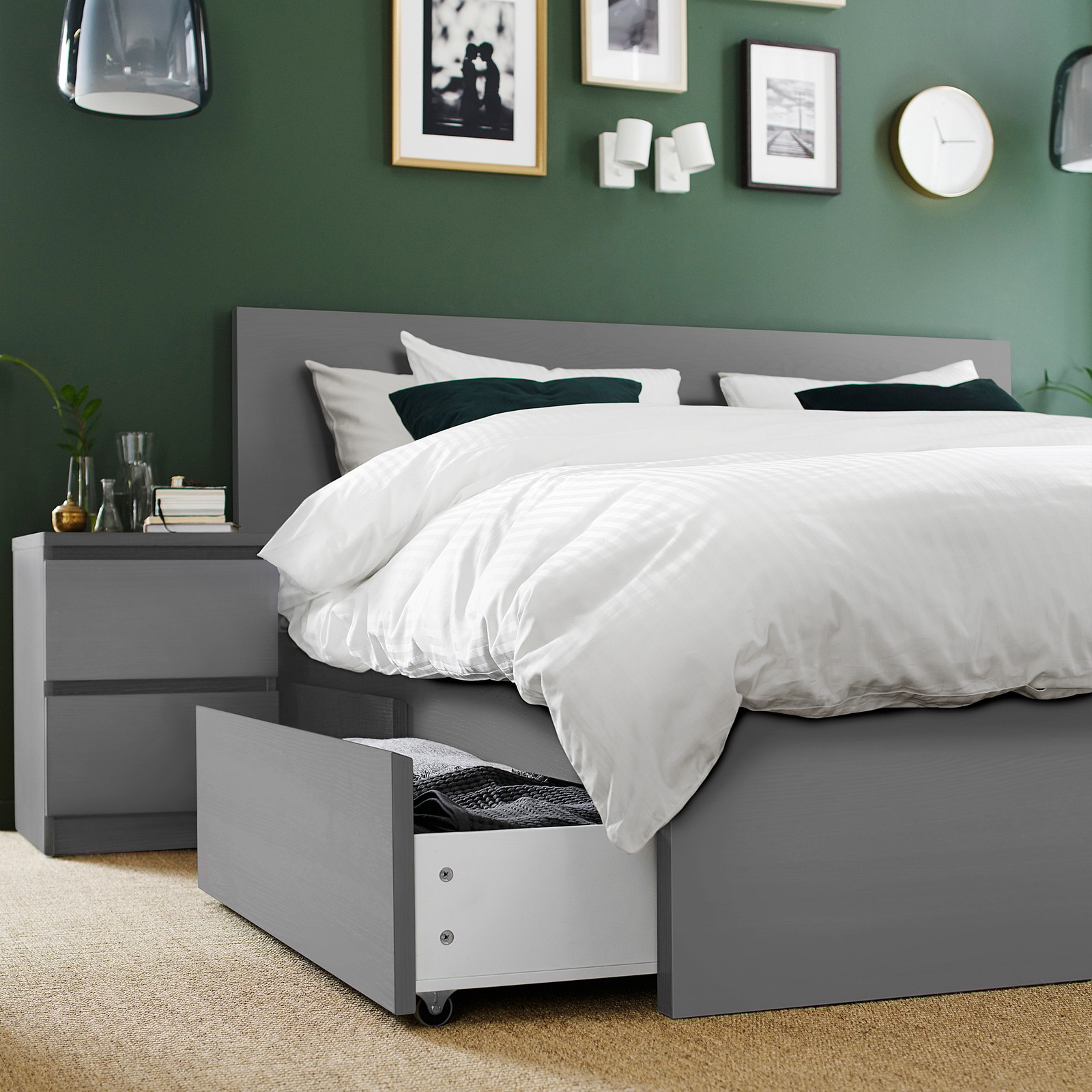 MALM High bed frame/4 storage boxes gray stained, Luröy. IKEA® Canada