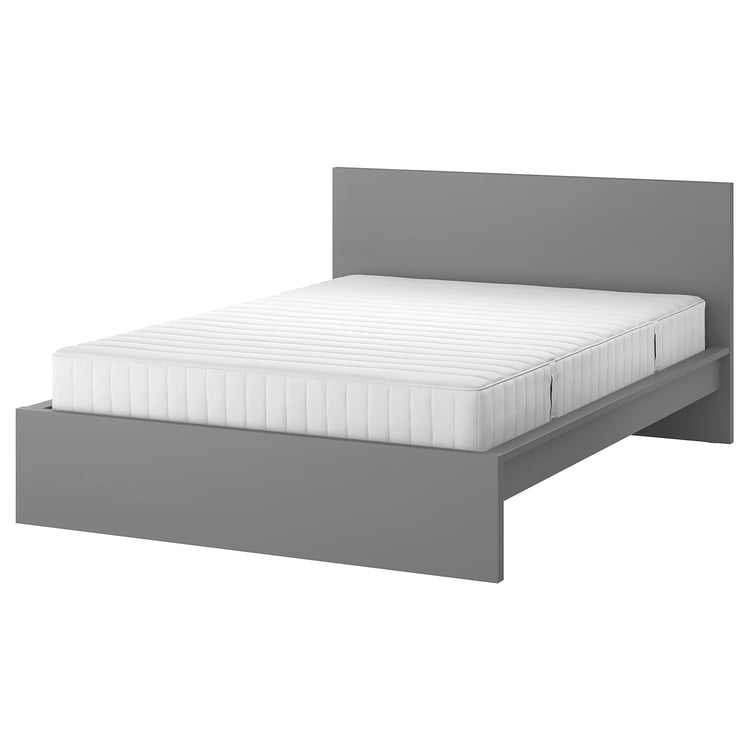 MALM bed frame with mattress, gray stained/Valevåg medium firm, Queen