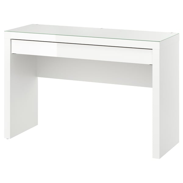 IKEA MALM white desk, rectangular with glass top, 2 legs.