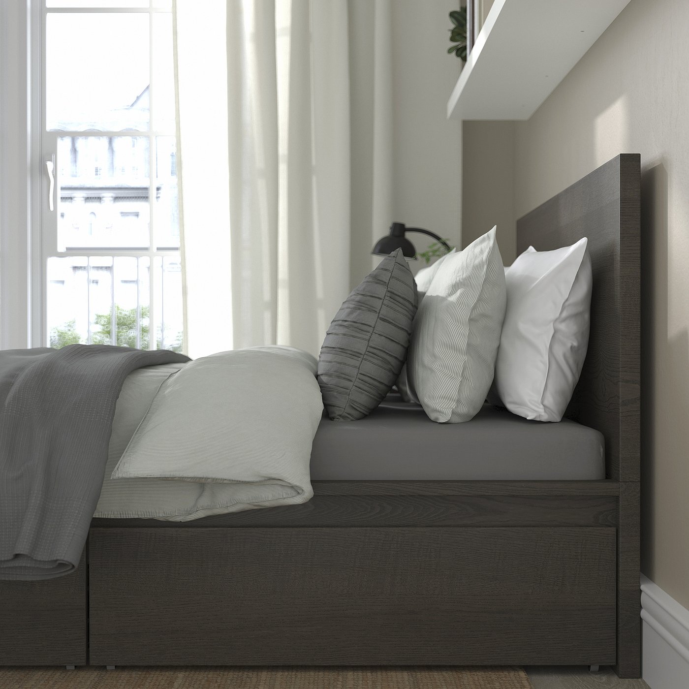 MALM High bed frame/2 storage boxes - dark brown veneer Full