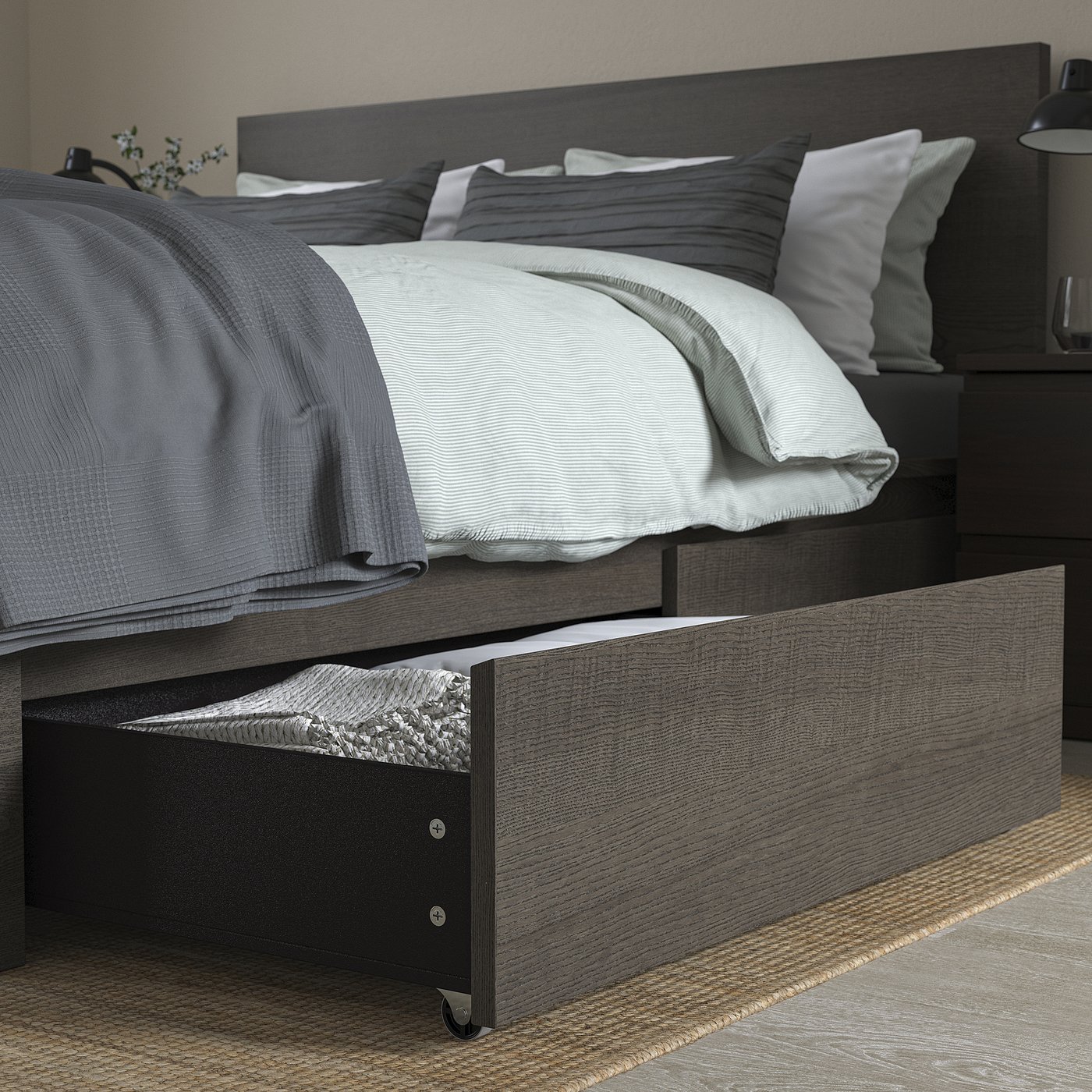 MALM High bed frame/2 storage boxes - dark brown veneer Full