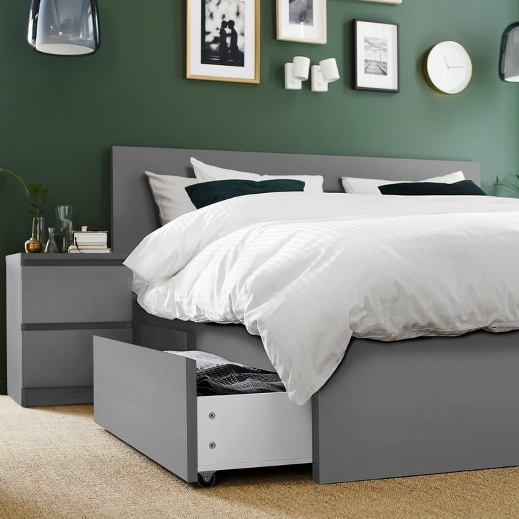 MALM high bed frame/4 storage boxes, gray stained/Luröy, King IKEA CA