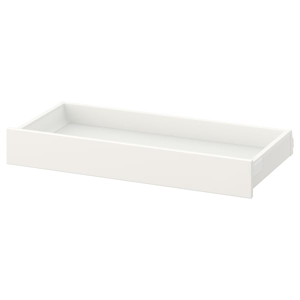 A MAXIMERA white rectangular drawer made of fiberboard and steel. It has a minimalist design suitable for storage.