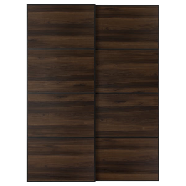 MEHAMN Pair of sliding doors, black/double sided dark brown oak effect, 59x79 1/8 "