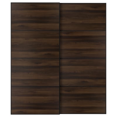 MEHAMN Pair of sliding doors, black/double sided dark brown oak effect, 78 3/4x92 7/8 "