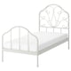 A white MELLGRUND metal bed frame with a decorative headboard, designed for a modern and minimalist bedroom.